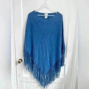 Minnie Rose Cashmere Blue Cowl Neck Open Stitch Poncho with Fringe One Size